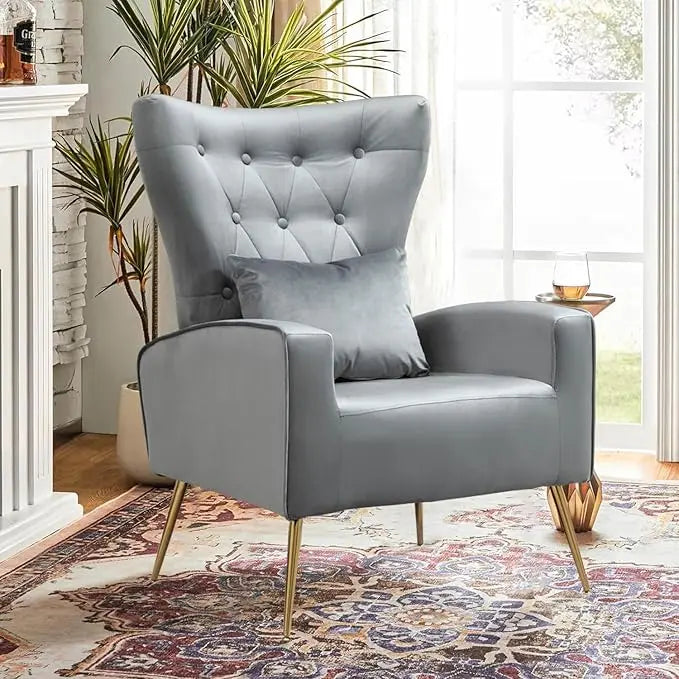 Velvet Accent Arm Chair, Mid-Century Modern Living Room Chair, Wingback Bedroom Side Chair with Gold Legs & Pillow，Customized