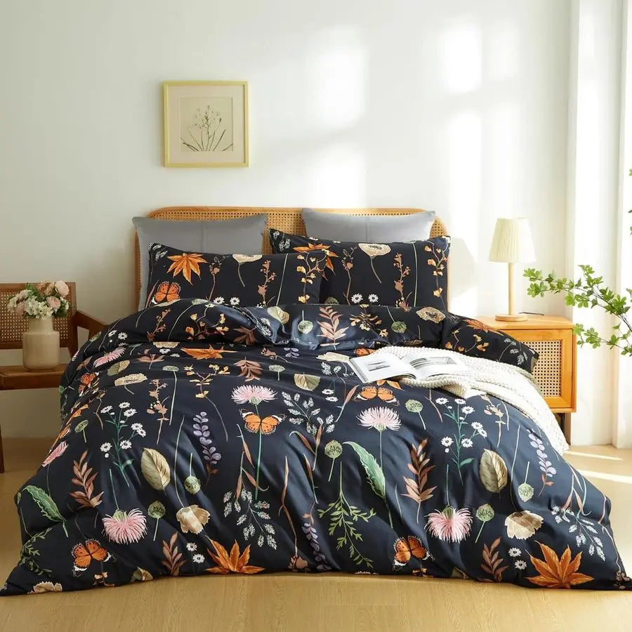 Duvet Cover King Size Black Comforter Cover with Colorful Botanical Yellow Butterfly Printed 3 Pieces Soft Microfiber Bedding Se