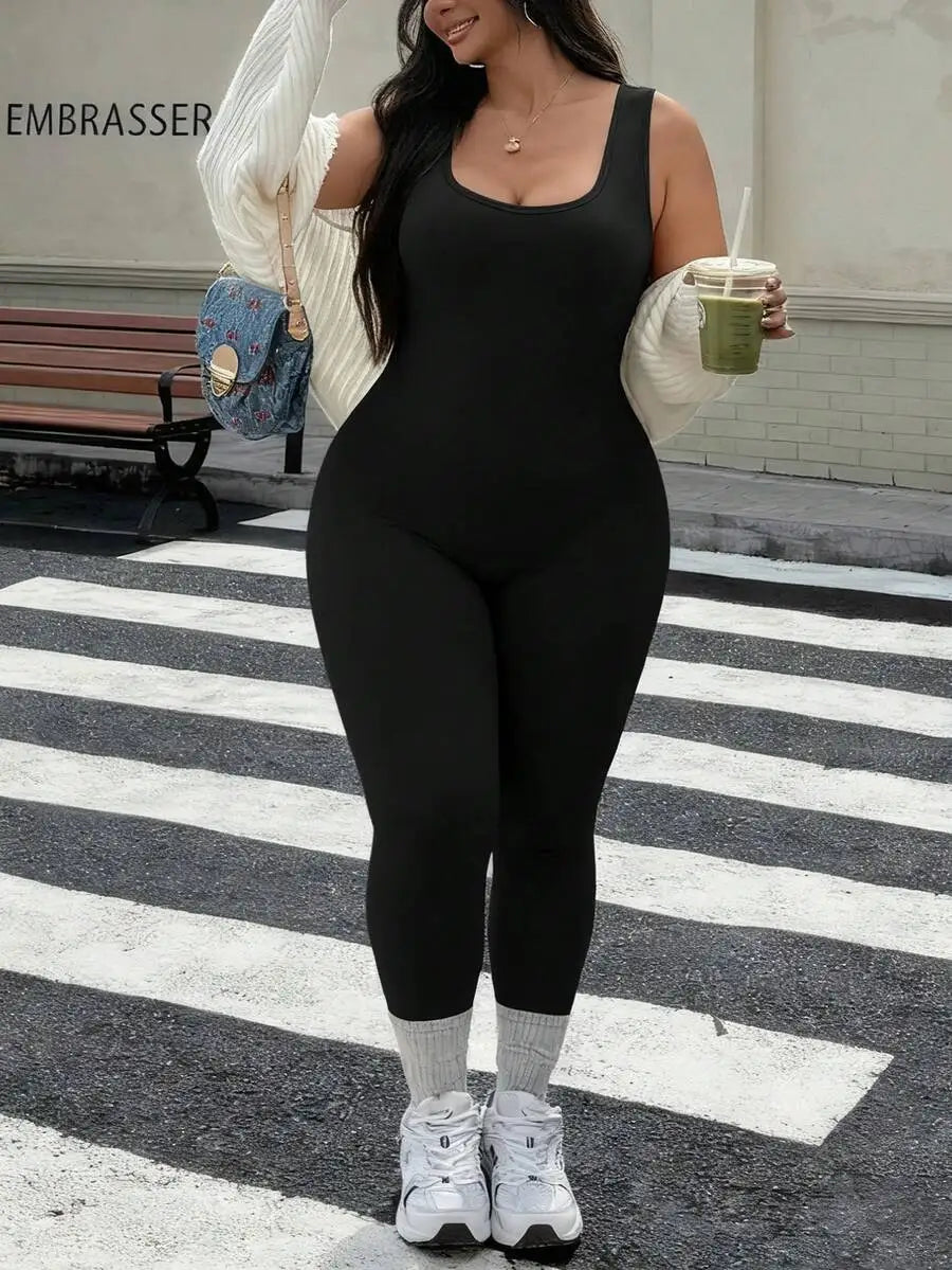 Rhythm Era 1pc Plus Size Black Backless Jumpsuit, Comfortable Stretchy Seamless Knit Yoga & Fitness Activewear