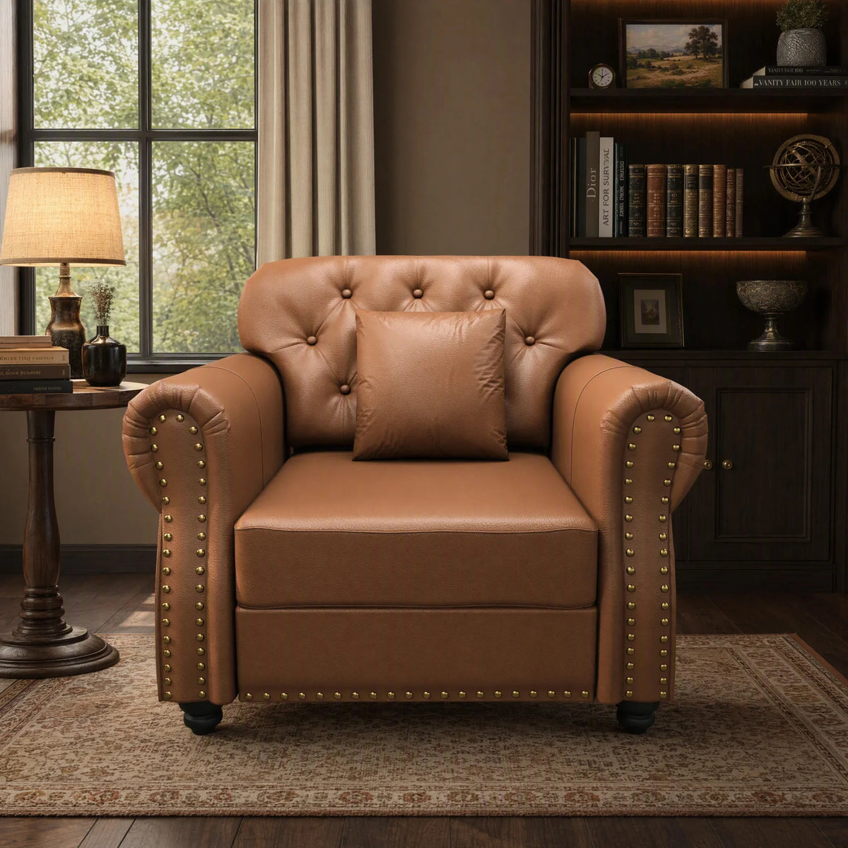 41.3-inch Faux Leather Chesterfield Decorative Sofa Featuring Nailhead Trim and Cushion Suitable For Living Room Bedroom and Home Office