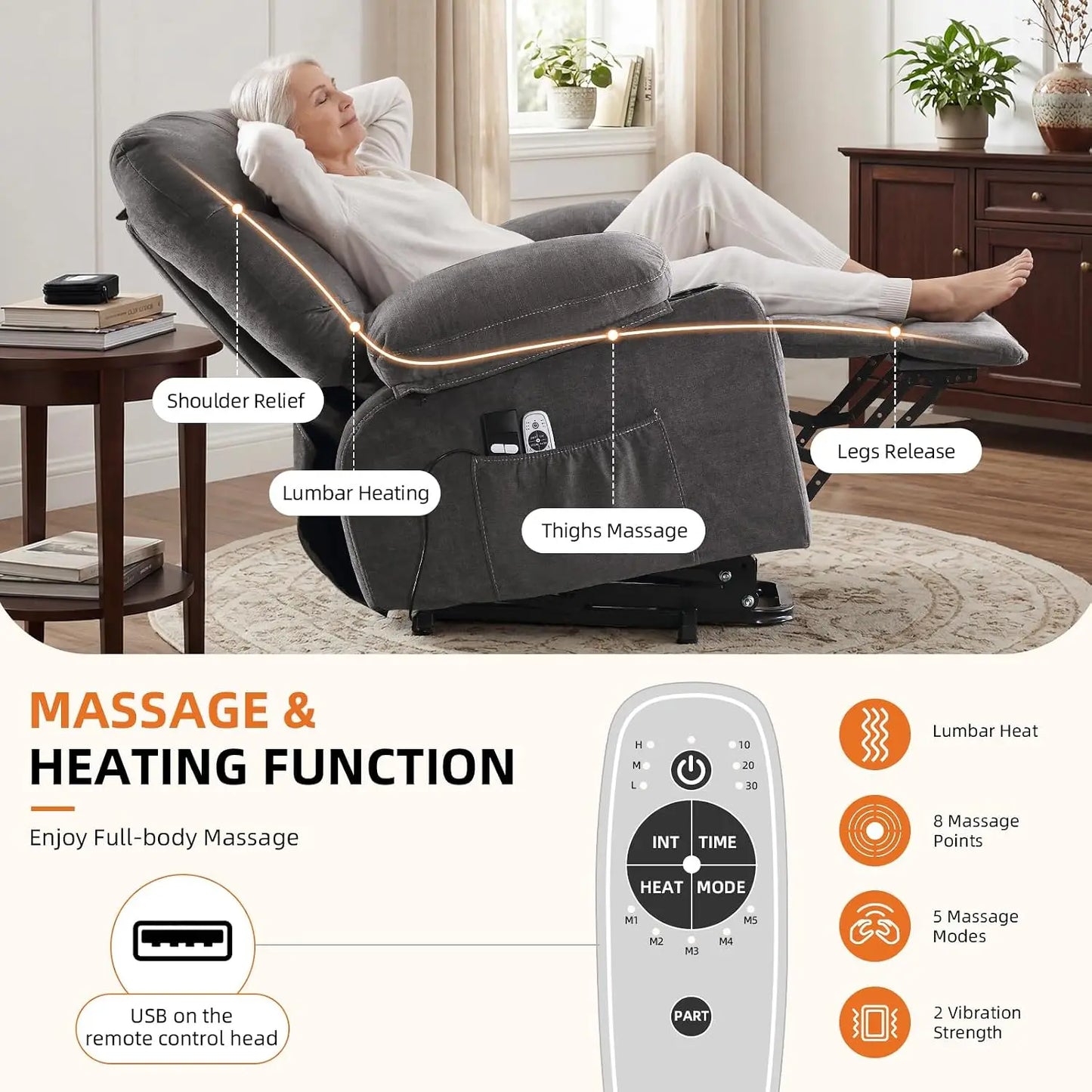 Power Lift Recliner Chair for Elderly with Vibration Massage and Lumbar Heating Electric Recliner Sofa with Cup, Customized