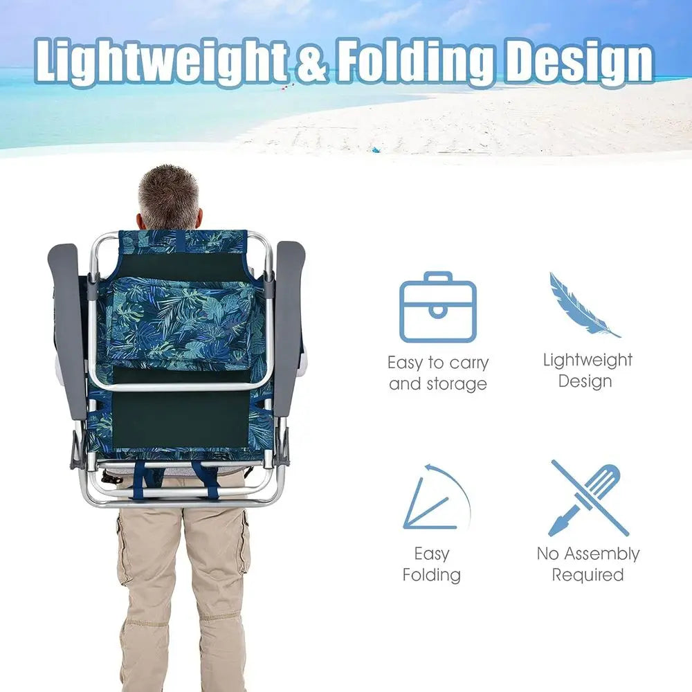 Adjustable Position Beach Chair with Pillow, Storage, Towel Bar, Cup Holders, and Backpack for Outdoor Camping