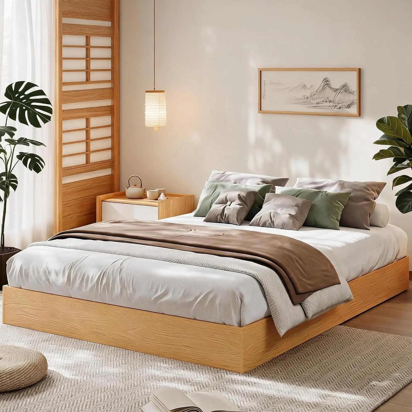 Garvee Living Room Bed Frame Easy Sturdy Assembly Bedroom Frames with Low Profile Design Eco-Friendly Bed Wood Slats Support Home Furniture Without Headboard