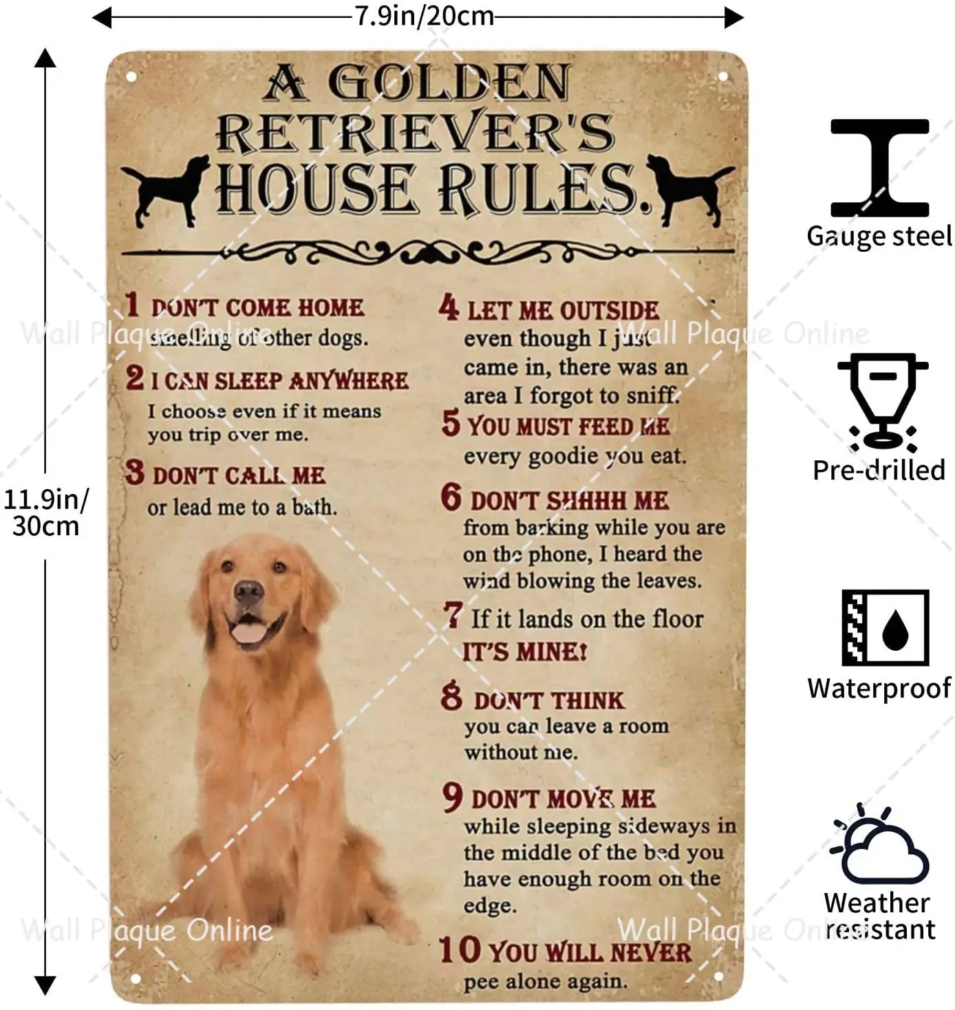 Funny Retriever House Rules Metal Tin Sign Wall Decor