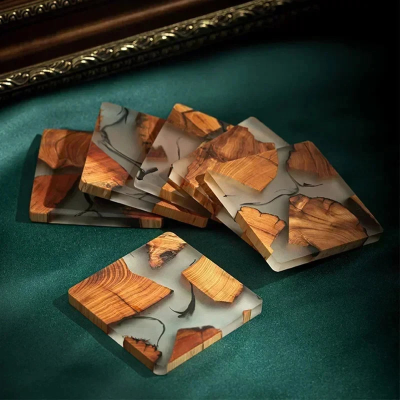 Wood Coasters Set With Epoxy Resin - Modern Coasters With Holder For Drinks, Includes 6 Coasters And Holder