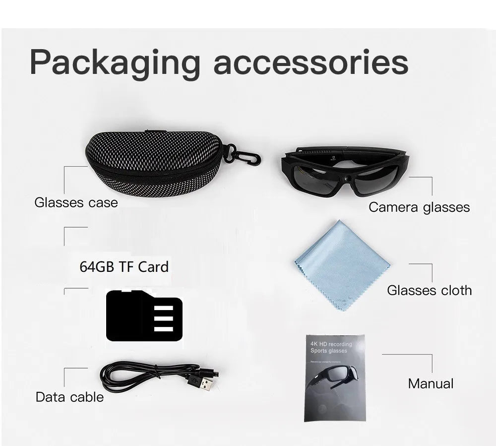 4K 64GB HD FPV Smart Glasses Camera Video Recording Mini Wireless Bodycam Vlogging POV Action Sports Motorcycle Cycling