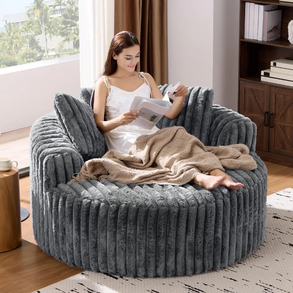 54 Oversized Round Chair Lounge Chaise Indoor, Cloud Couch Upholstered Corduroy Deep Seat Sofa Bed with Pillow/Anti-Slip