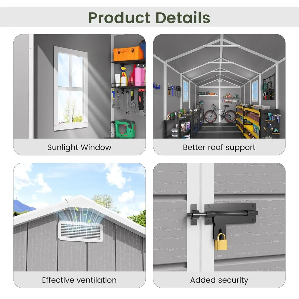 Outdoor Storage Shed with Floor, 6x4.5 FT Lockable Plastic Tool Shed with Ventilation, Waterproof Resin Garden Sheds, Custom