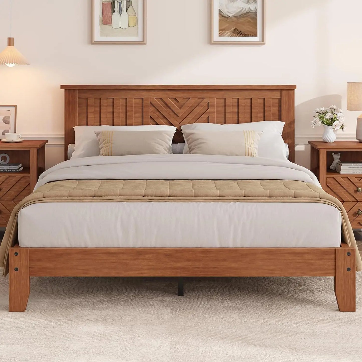 Full Queen King Wooden Platform Bed Frame With V Pattern Headboard, Noise Free Wood Slats, Underbed Storage, No Box Spring Needed