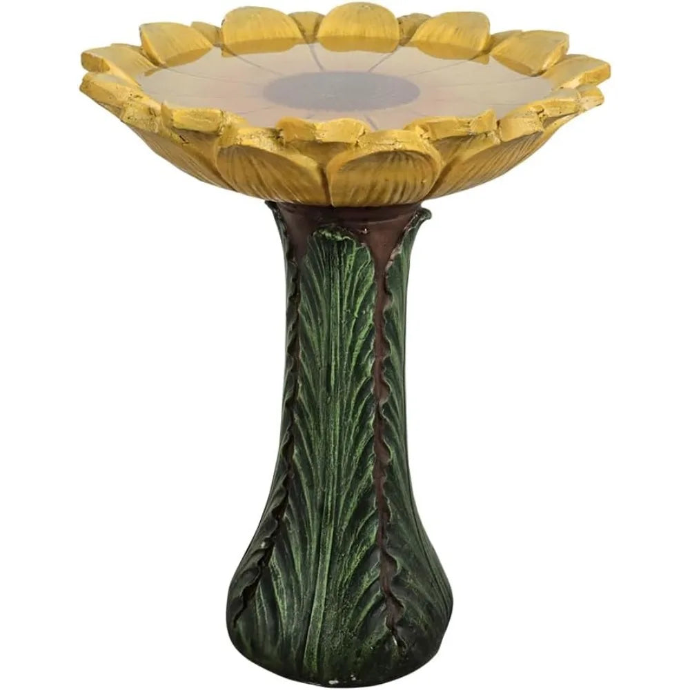 24.4” Tall Outdoor Concrete Bird Bath - Sunflower Birdbath Bowl with Green Leaf Pedestal for Garden, Patio, Lawn