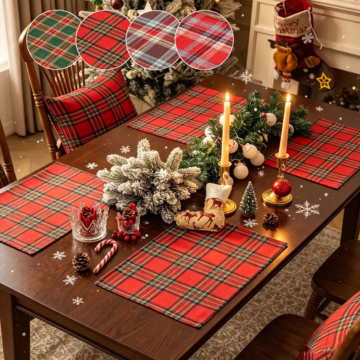 2/4/6Pcs Christmas Tartan Plaid Placemats Washable Table Mats for Holiday Dining Table Decor