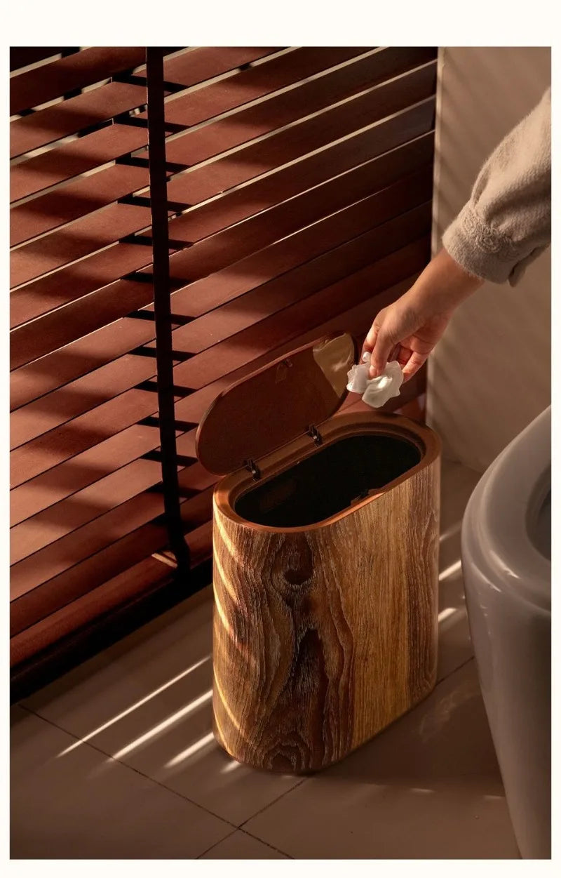 Wood Grain Trash Can with Lid Bathroom Litter Bins Large Capacity Wastebasket Living Room Toilet Retro Household Recycle Bin