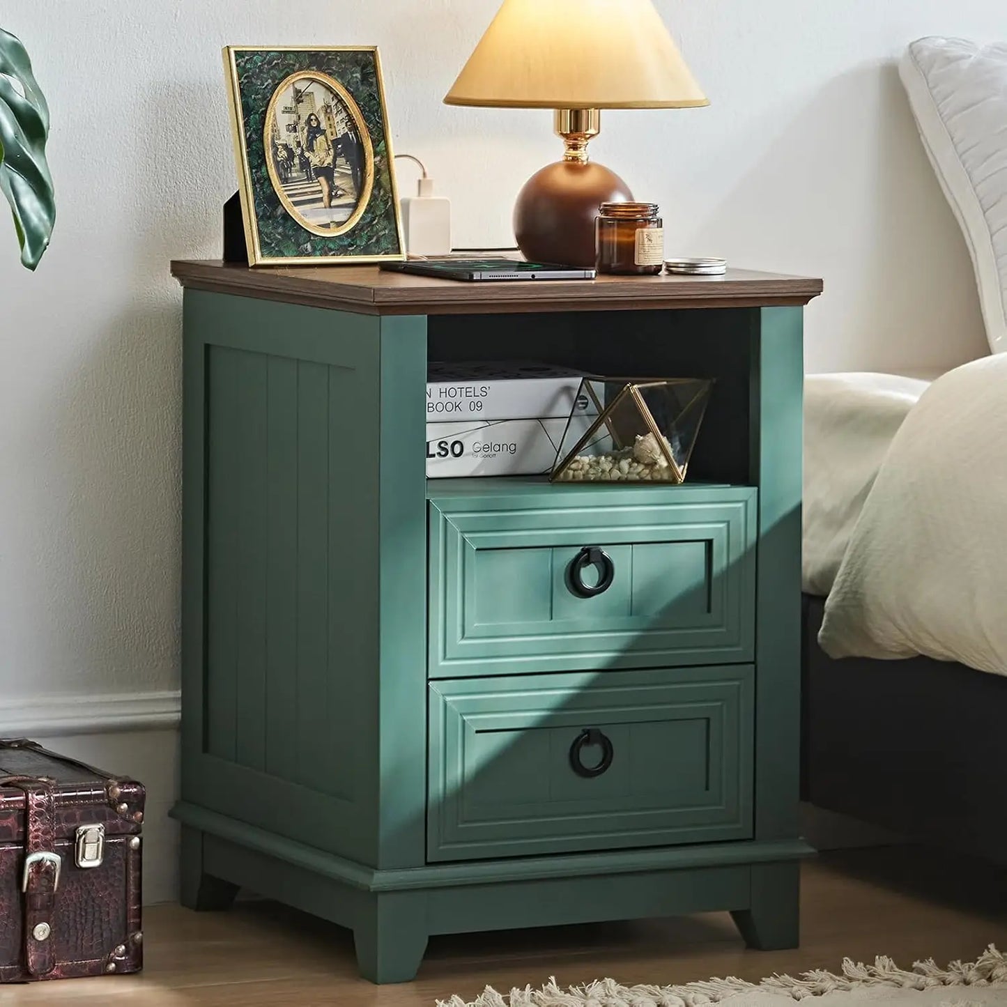 18" Farmhouse Night Stands Set of 2 with Charging Station, 2 Drawers End Table Dresser for Bedroom, Blue Wooden, Customized