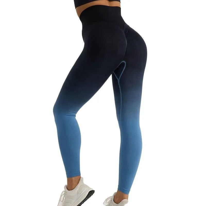 High Waist Color Gradient Yoga Pants Women Seamless Knit Gym Leggings Quick Dry Breathable Workout Tights Scrunch Butt Lift Peach Hip Long Fitness Pants for Cycling Training Activewear