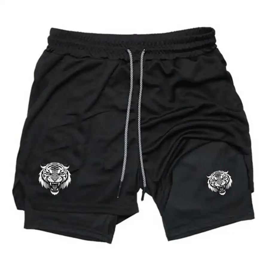Mens Angry Tiger Graphic 2-In-1 Quick Dry Sports Shorts For Gym Running