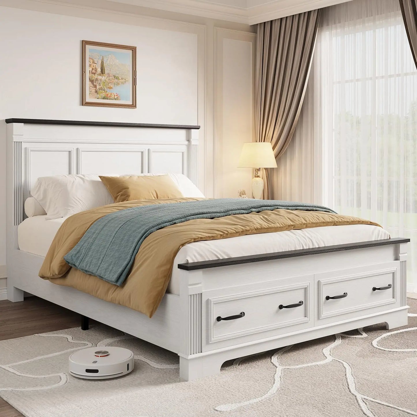 Farmhouse Queen Bed Frame 51" Headboard 2 Storage Drawers Roman Footboard | koorlian Platform Bed Large Wooden