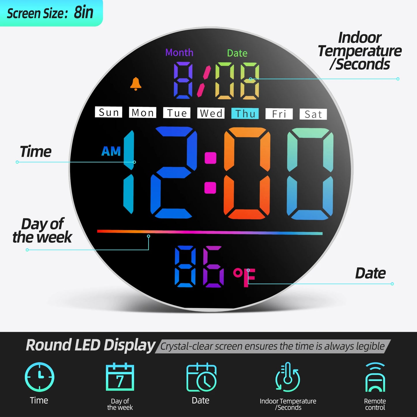 8‘’LED Wall Clockwith Timer,Temperature,Date,Night Light,RGB Color,Alarm,5-Level BrightnessDigital Clock for Classroom,Bedroom