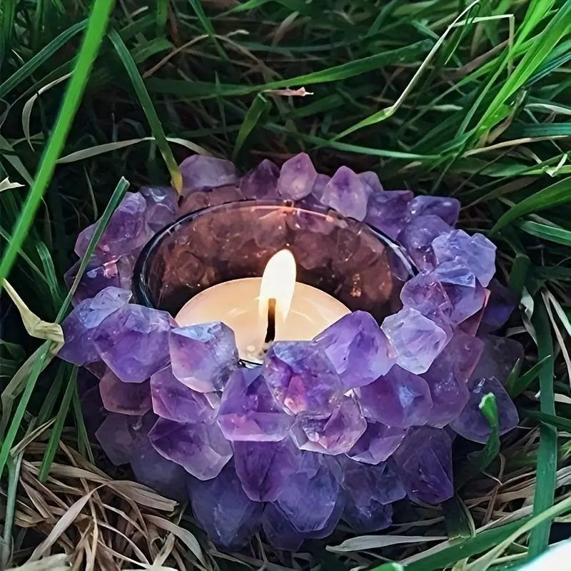 KIKOWHY Handmade Natural Amethyst Cluster Tealight Holder, Raw Gemstone Crystal Candle Holder, Rustic Earthy Aesthetic Craftsmanship, Crystal Accessories for Boho Home Decor & Spiritual Living Space
