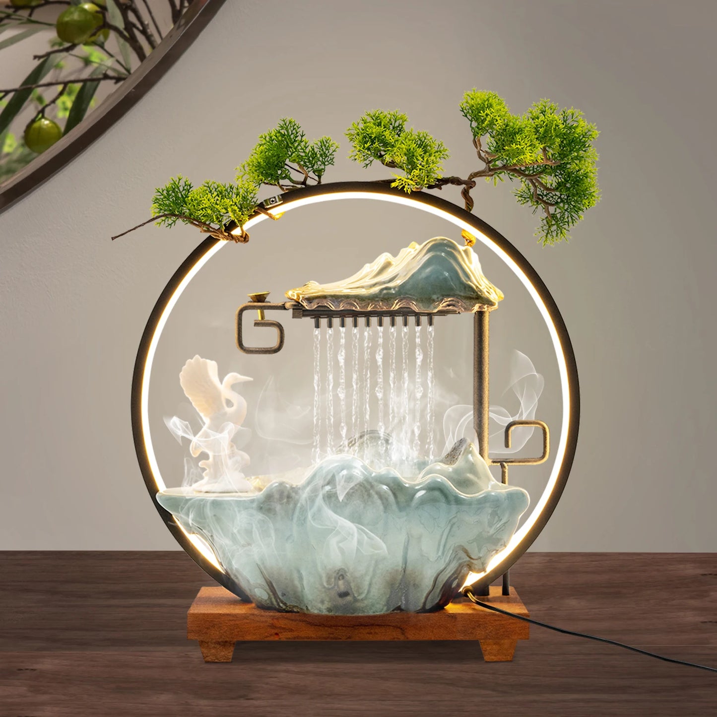 Black Manual Tabletop Water Fountain,Indoor Ceramic Waterfall with LED Light Mist Desk Fountain for Decorative Item