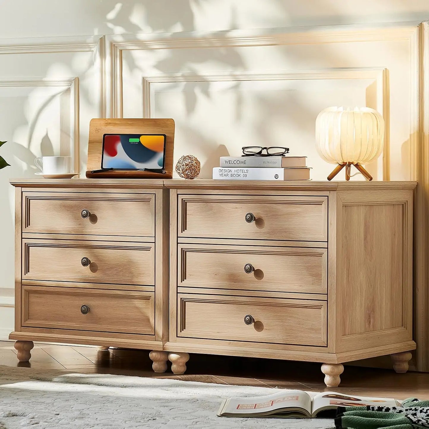 2 Pack Farmhouse 3 Drawer Bedside Cabinet, Wooden End Night Table With Metal Handles 24"W For Indoor Storage