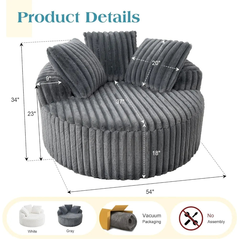 54 Oversized Round Chair Lounge Chaise Indoor, Cloud Couch Upholstered Corduroy Deep Seat Sofa Bed with Pillow/Anti-Slip