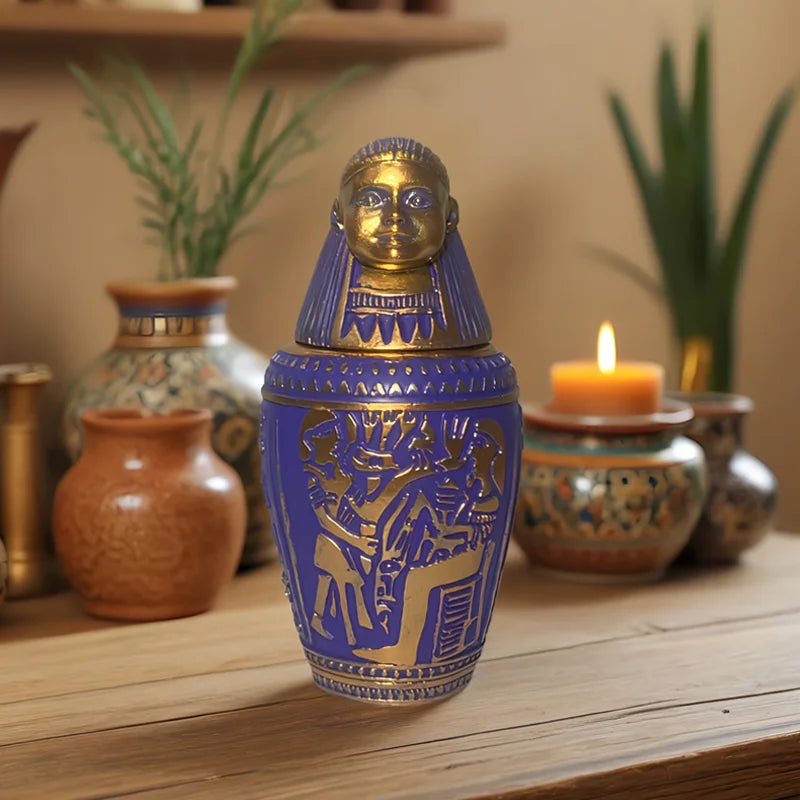 Egyptian Canopic Jars Set, Ancient Egypt God Figurines Statues, Blue & Gold Resin Decor for Home Office Bookshelf Halloween Part