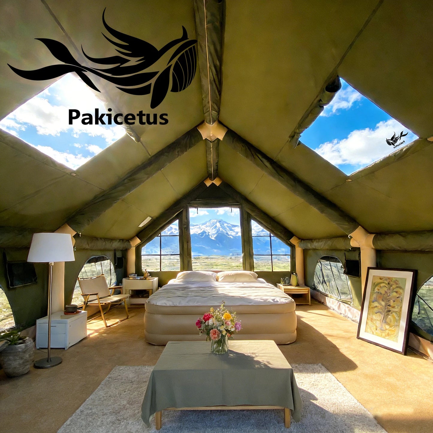 PAKICETUS Large Luxury Inflatable Glamping Tent with Manual Hand Pump, Easy Setup 4 Season Anti-Snow Spacious Family Shelter, Weatherproof Air Tent for Outdoor Camping, Backyard Party & Wilderness Adventure