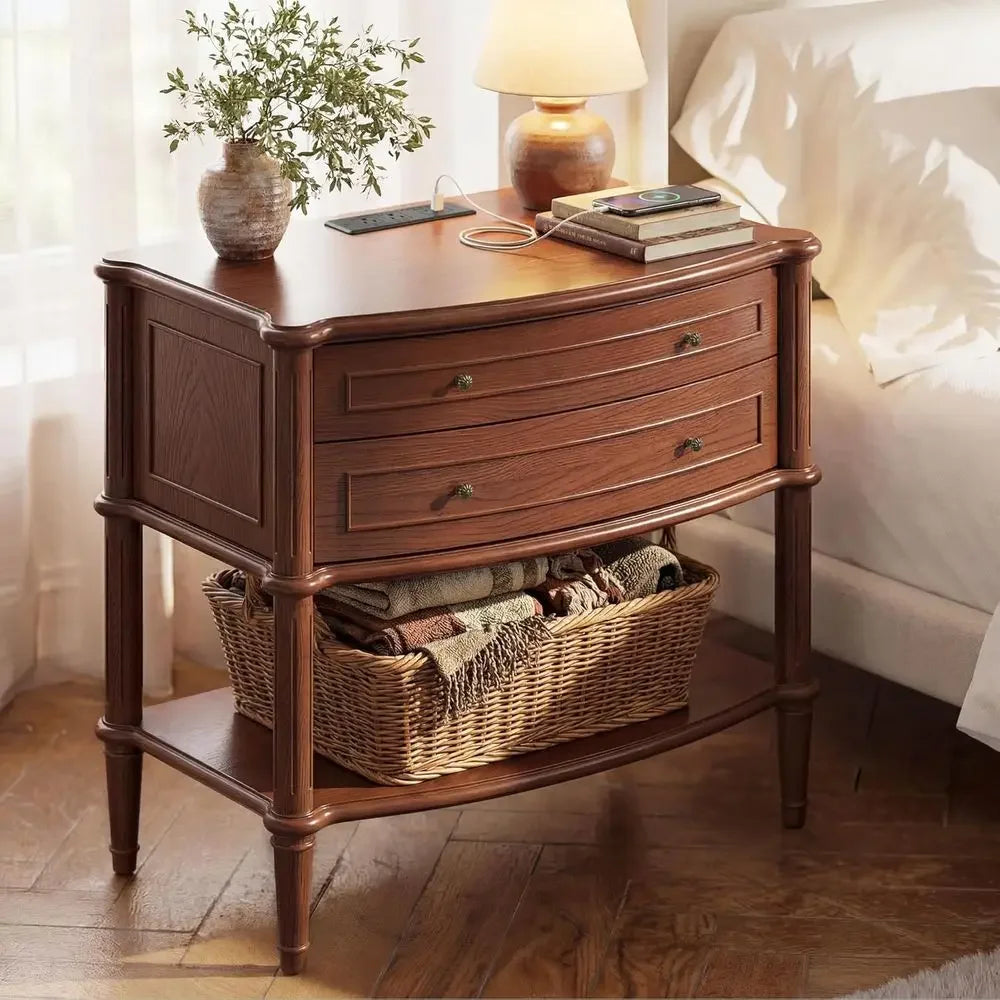 Wide Nightstand w/Charging Station & 2 Ders, Pre-Assembled, Vintage Side Table w/Antique-inished Pulls, Rustic Wood inish, End T