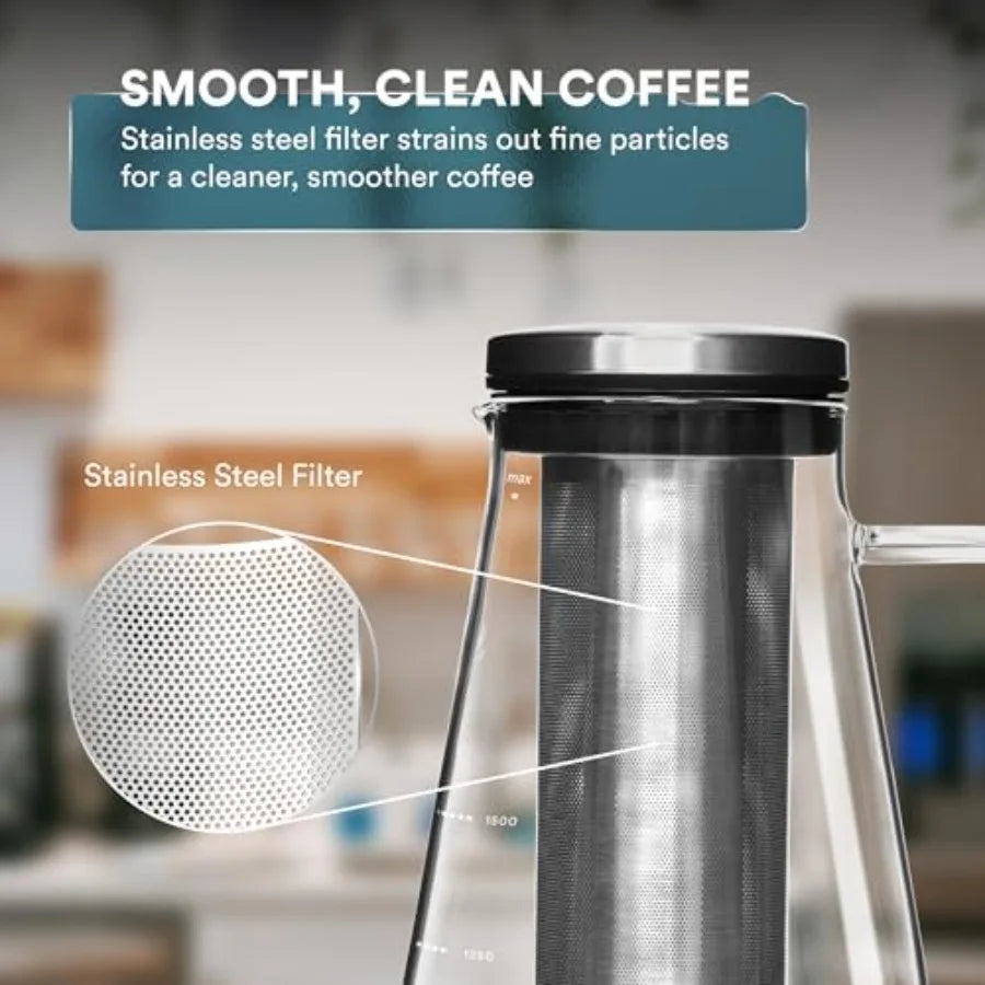 Airtight Cold Brew Iced Coffee Maker Pitcher and Iced Tea Maker with Spout 1.5L/ 51oz Brewing Glass Carafe with Removable Stain