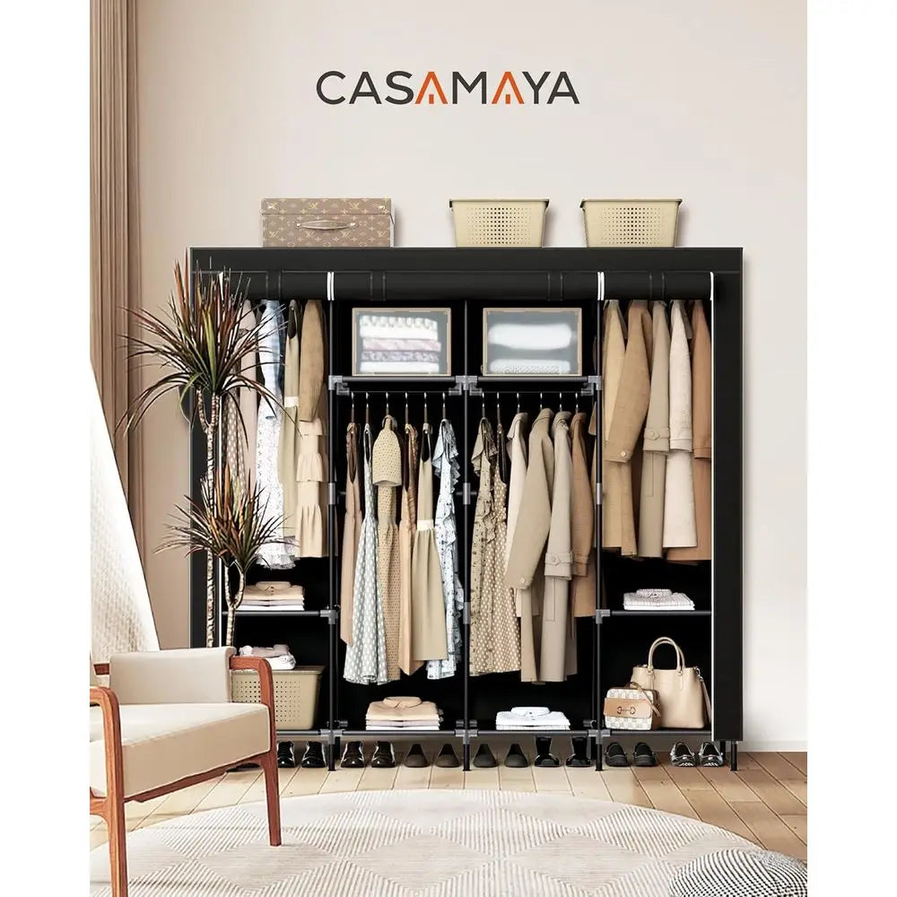 66.9 Inch Large Capacity Wardrobe Closet with Cover, Clothes Storage Organizer, 4 Hanging Rods, Shelves, Easy Assembly, Black