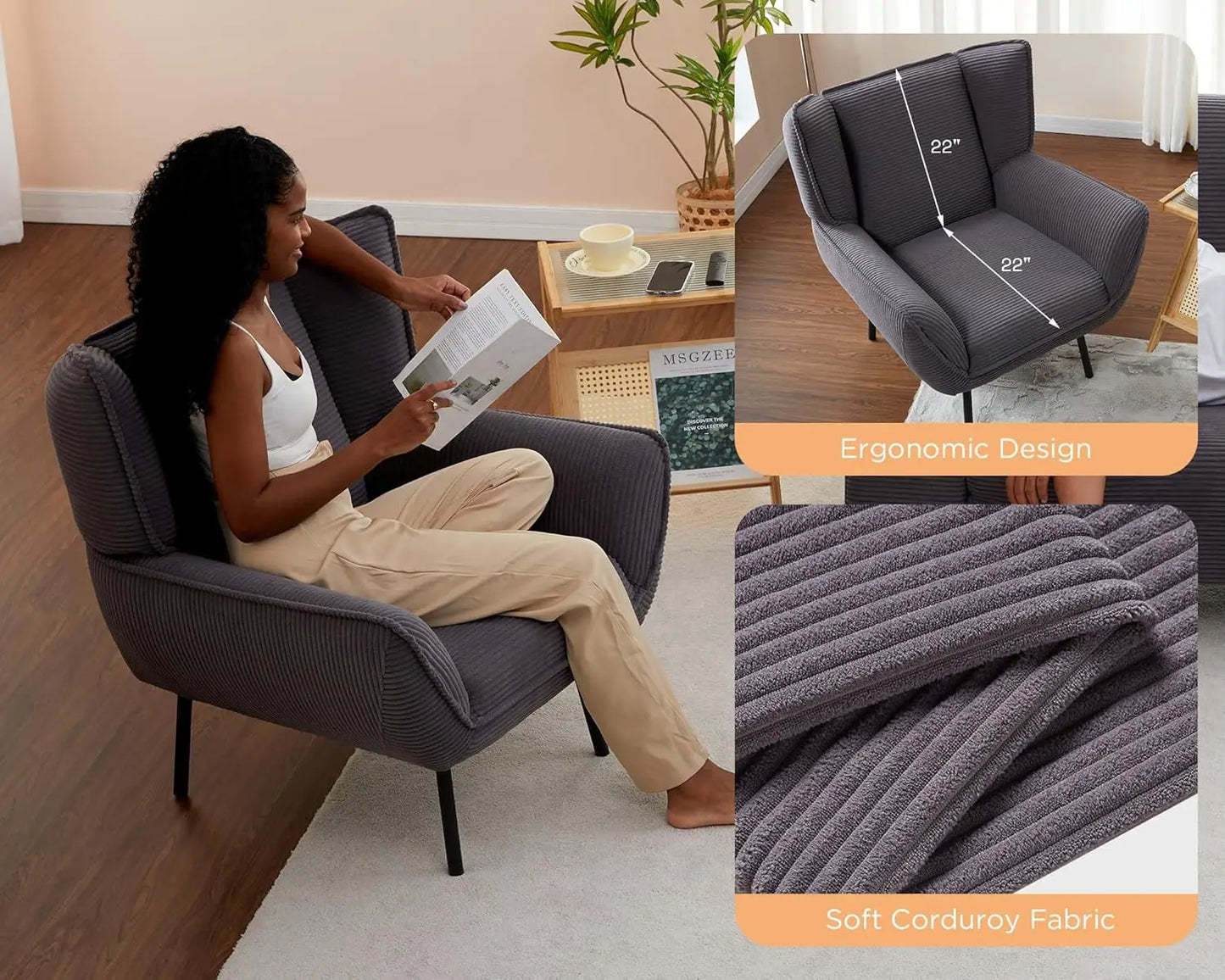 Accent Chair- Upholstered Living Room Chairs with High Wingback, Grey Reading Armchair for Bedroom, Customized