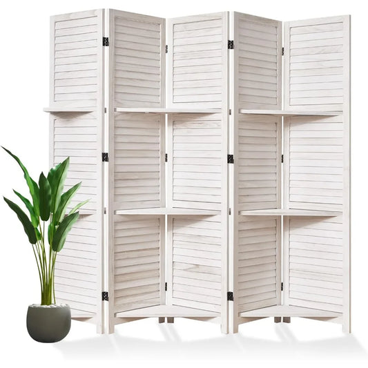 Room Divider with Shelves, 5.6 Ft Tall Folding Wood Screen