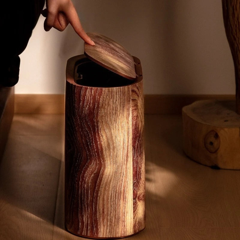 Wood Grain Trash Can with Lid Bathroom Litter Bins Large Capacity Wastebasket Living Room Toilet Retro Household Recycle Bin