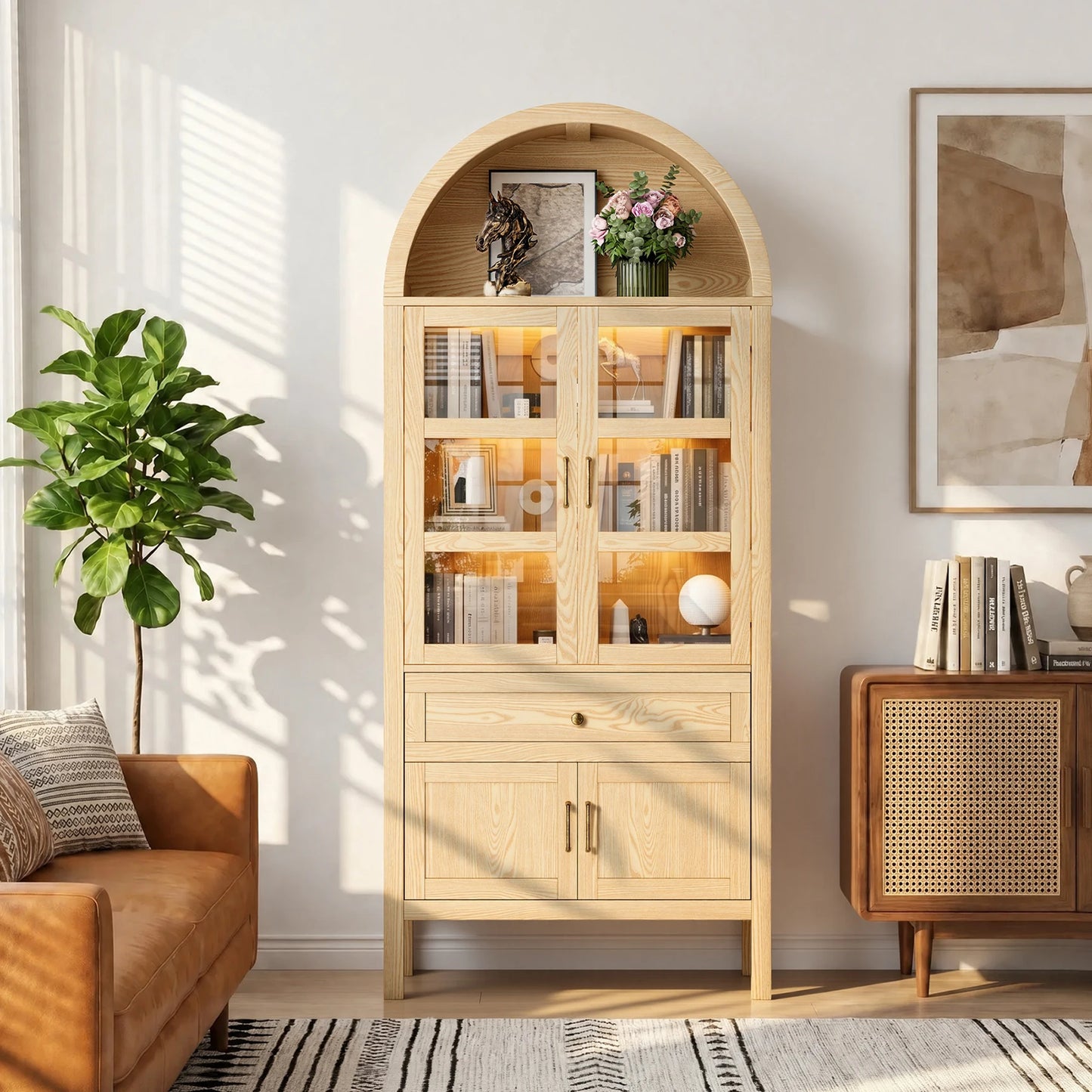 71 Inch Tall Full Wood Arched Storage Cabinet Adjustable Shelves Bookcase with Dimmable LED Lights for Living Room Bedroom