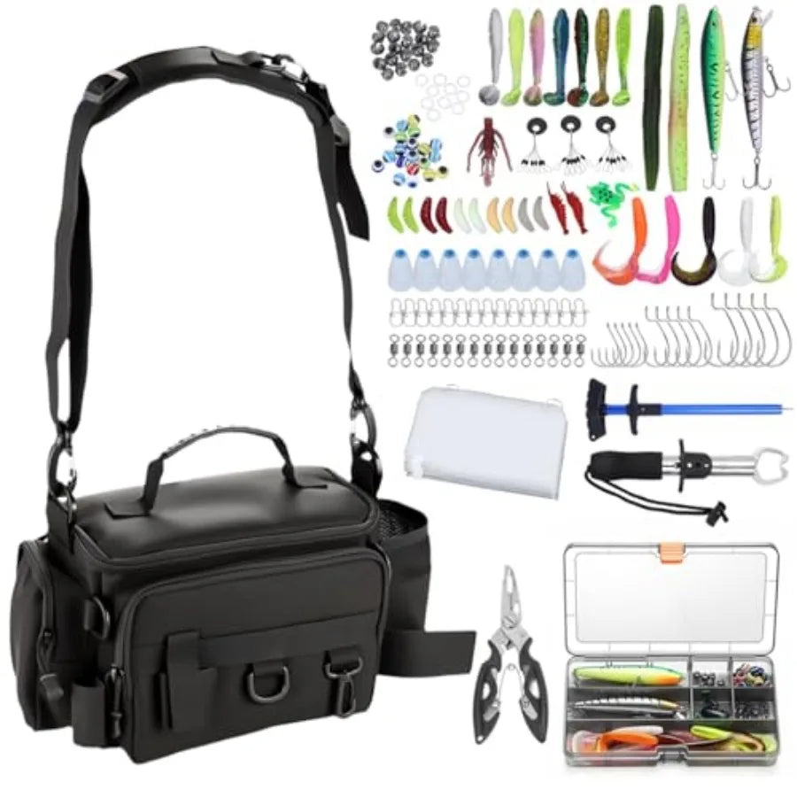 Fishing Tackle Bags with Tackle Box, Waterproof, Padded Shoulder Strap, Gear Storage, Fish Bag with 136 Pcs Fishing Lures Kit,
