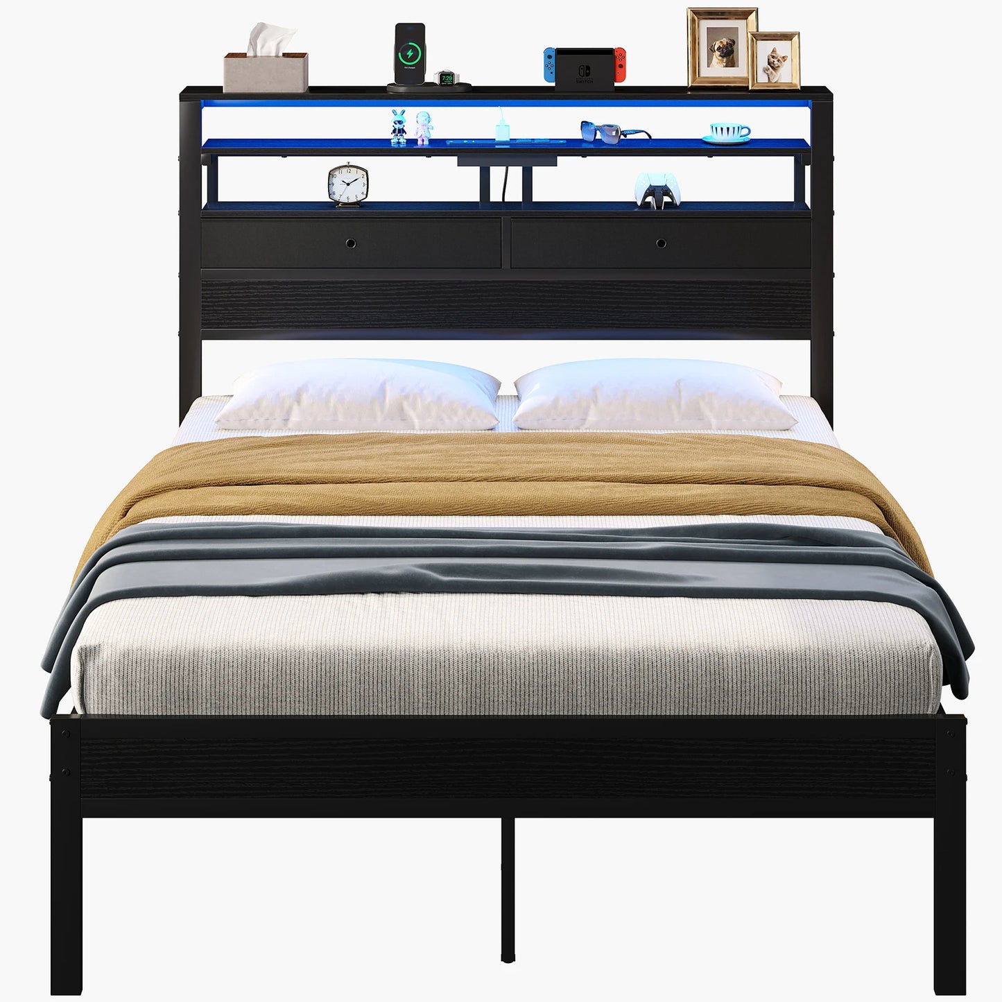 Metal Platform Bed Frame With Integrated Storage Led Headboard