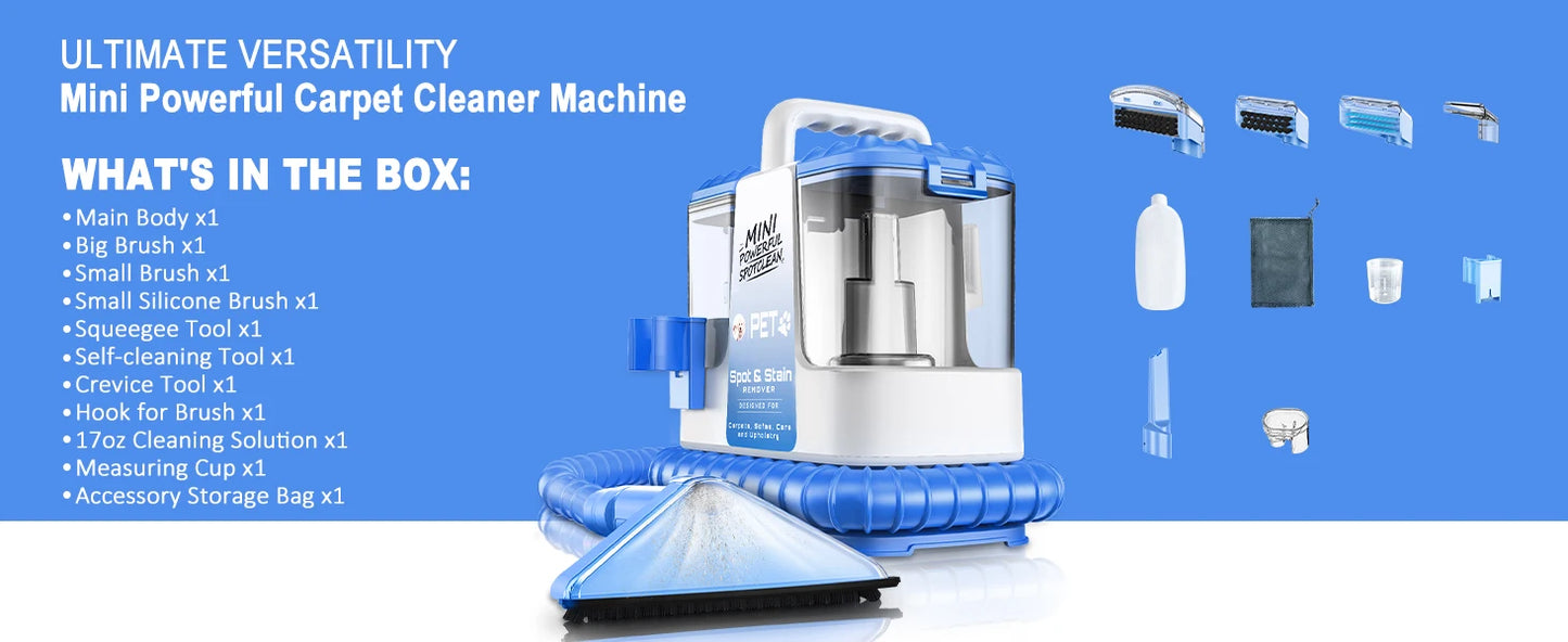 Carpet + Upholstery Cleaner Machine, 32Kpa Powerful Suction w/ 5 Cleaning Tools,Lightweight for Rug,Carpet,Car Seats,Pets,Stairs