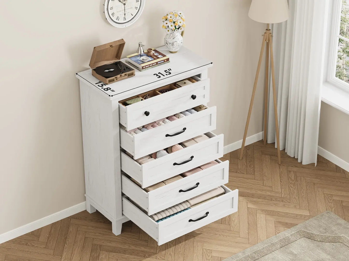 5 Dresser for Bedroom, 41.3 in Tall Vertical Drawer Dresser with Large Storage, Freestanding Wooden Closet Chest for Bedroom, Living Room