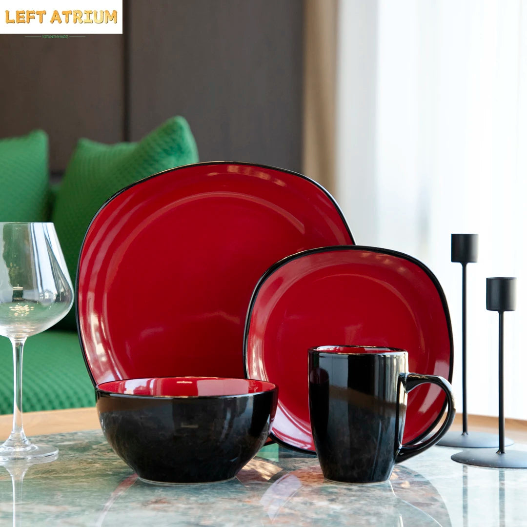 2025 Nordic Modern China Crokery Irregular 16 Pcs Glossy Red Black Modern Tableware Stoneware Ceramic Dinner Dinnerware Set
