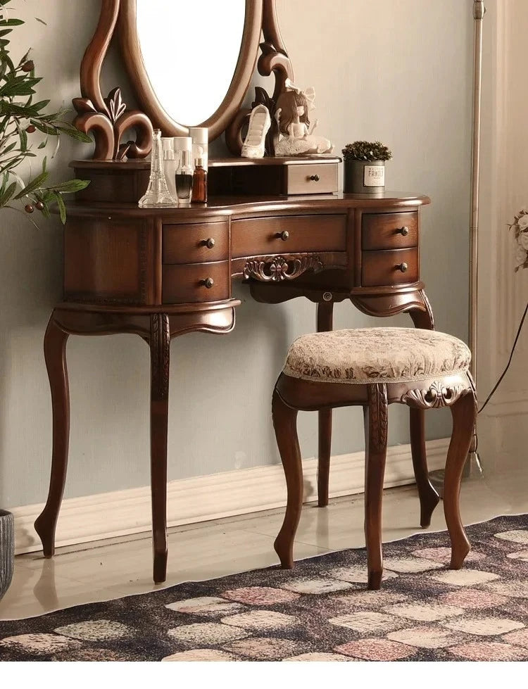 -European Solid Wood Mirror Table Bedroom Dresser Amercia Princess Furniture Dark Villa Luxury Carved Makeup Table Dressing Tabl