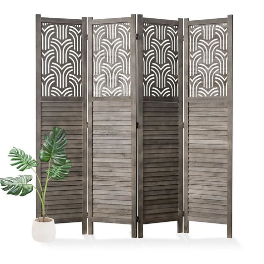 Folding Room Divider, 66.9 Inch 4 Panels Wood Carved Privacy Screens, Free Assembled Freestanding Portable Separation Wall for