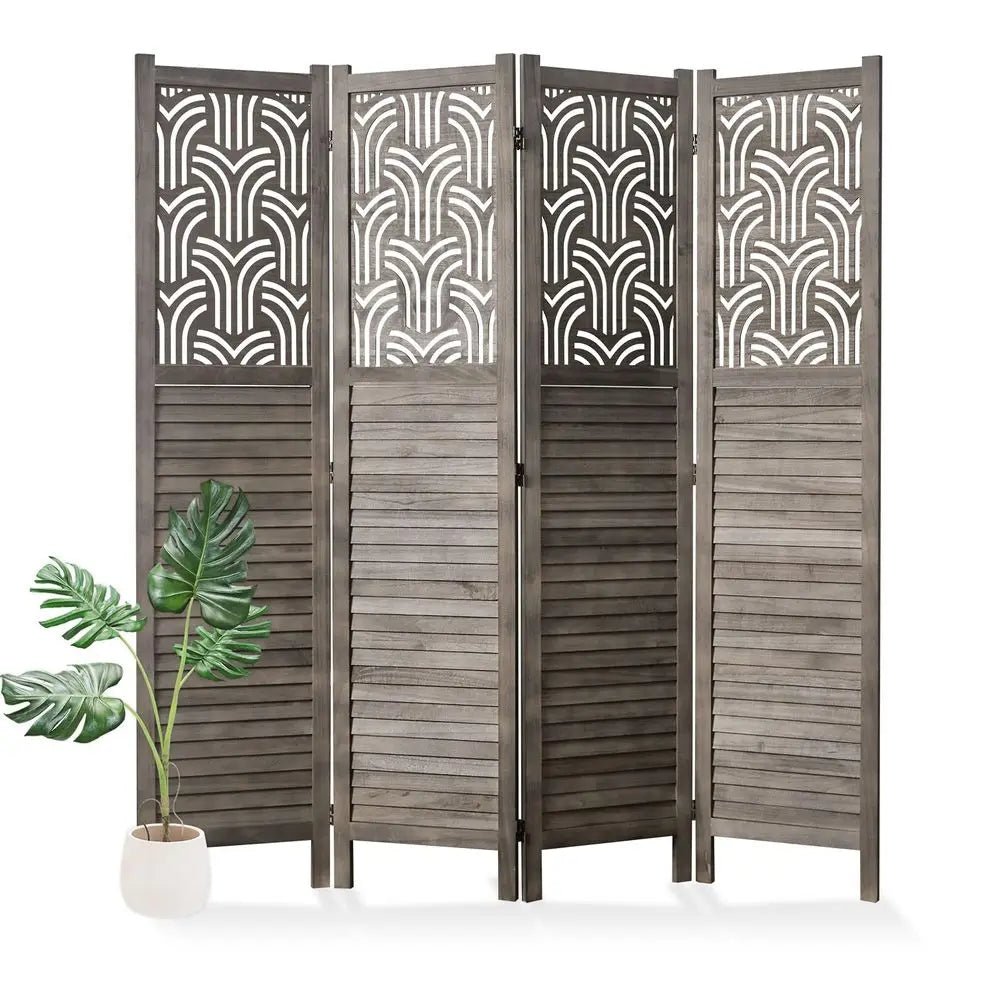Folding Room Divider, 66.9 Inch 4 Panels Wood Carved Privacy Screens, Free Assembled Freestanding Portable Separation Wall for