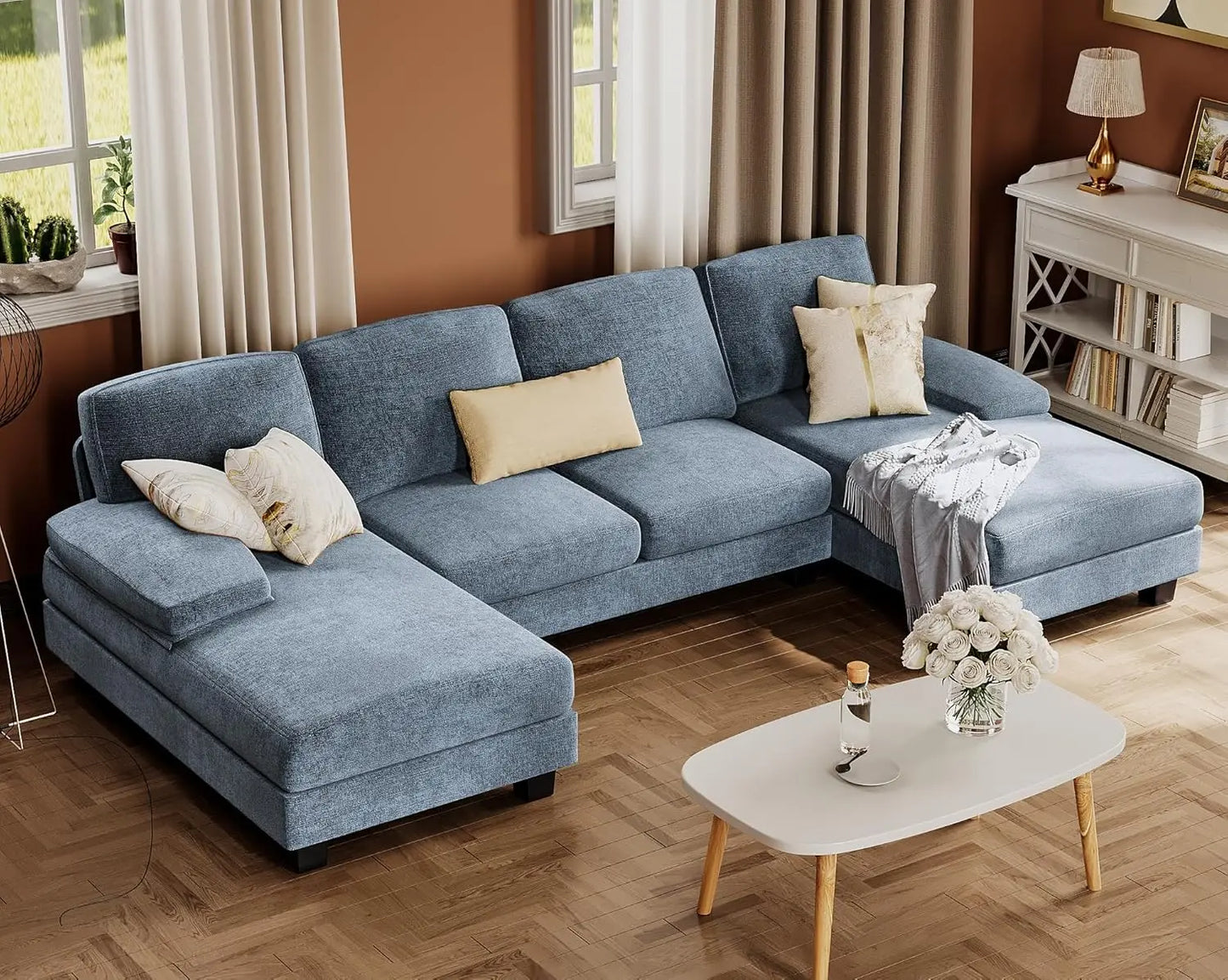 Sectional Couches for Living Room, U-Shaped Sofa Couch with Linen Fabric, 4 Seat Sofa Set with Double Chaise for, Custom