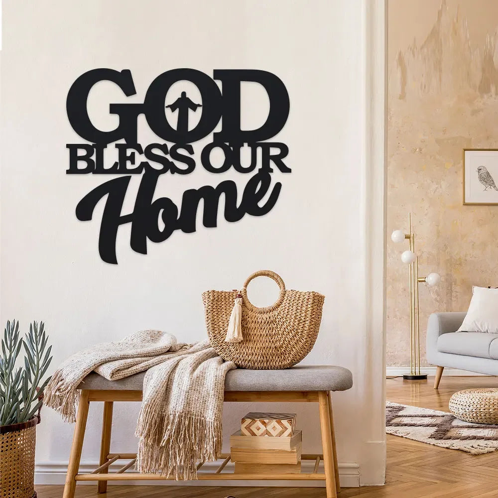 1Pc Metal God Bless Home Sign, Unique Wall Art, Home Decor, Metal Wall Hanger, Scene Decor, Theme Party Decor, Car Decor