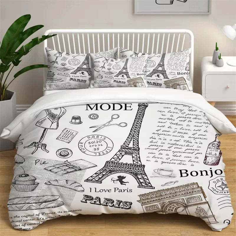 Eiffel Tower Duvet Cover Set Romantic Paris Tower Bedding Set French Style Home Decor Cityscape Quilt Cover King For Girls Boys