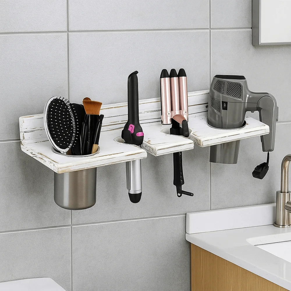 Vintage Wooden Hair Dryer Holder Wall-Mounted Space Saving Hair Straightener Holder Stylish Toilet Blower Holder Curling Irons