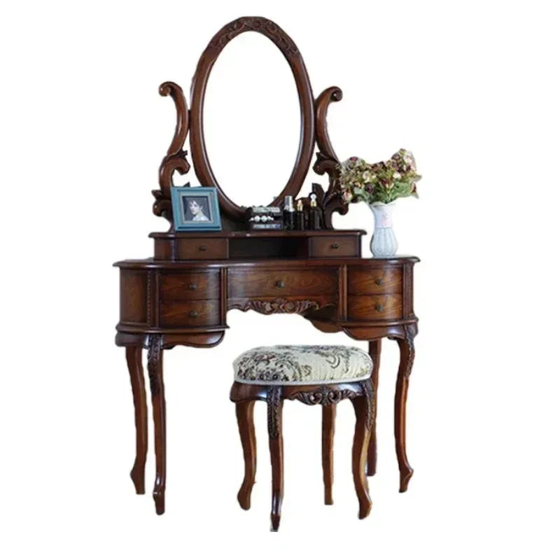 -European Solid Wood Mirror Table Bedroom Dresser Amercia Princess Furniture Dark Villa Luxury Carved Makeup Table Dressing Tabl