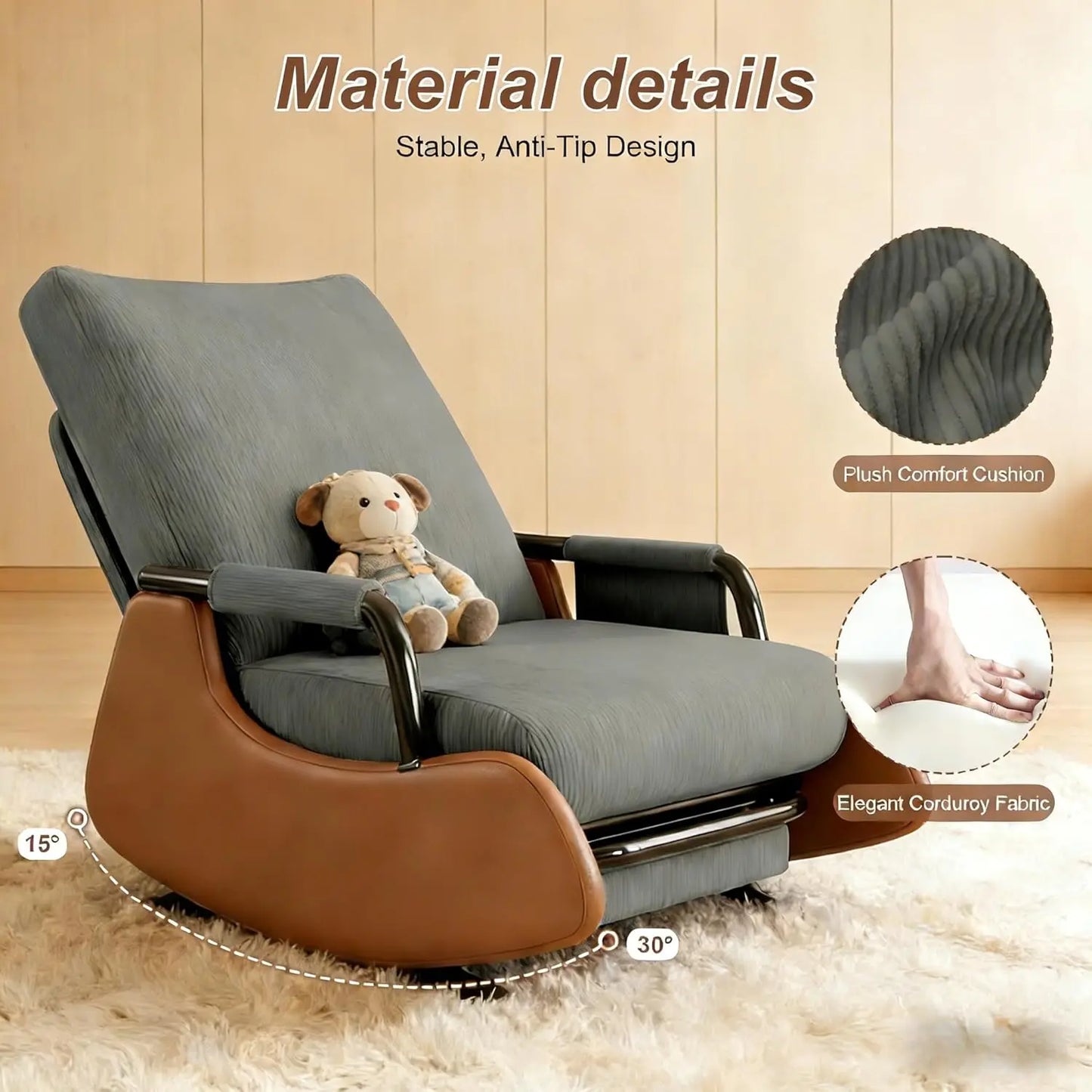 Rocking Chair Nursery, Upholstered Glider Rocking Chair with Side Pocket and Adjustable High Backrest, Foldable, Customized