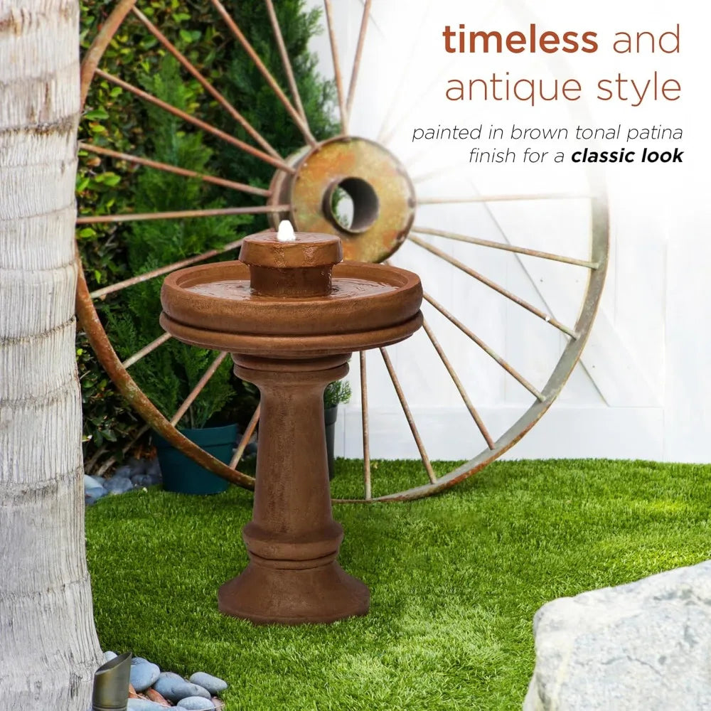 Outdoor Floor Vintage Pedestal Water Fountain with Bird Bath and LED Lights, 29, Brown