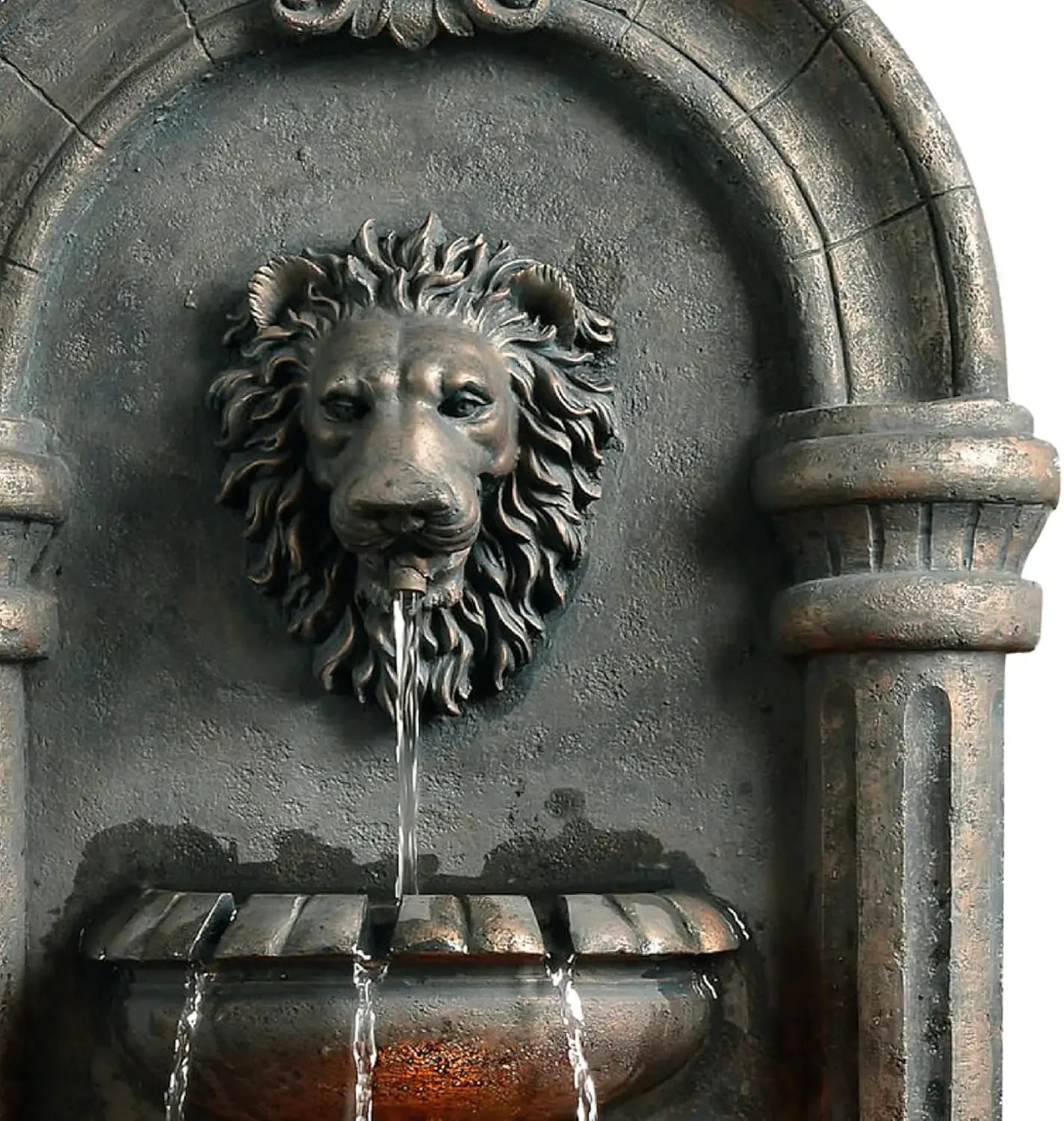 32.1 in. Wall-Mounted Lion Head Stone LED Outdoor Water Fountain for Gardens, Landscaping, Patios, Balconies, Lawns to Create a